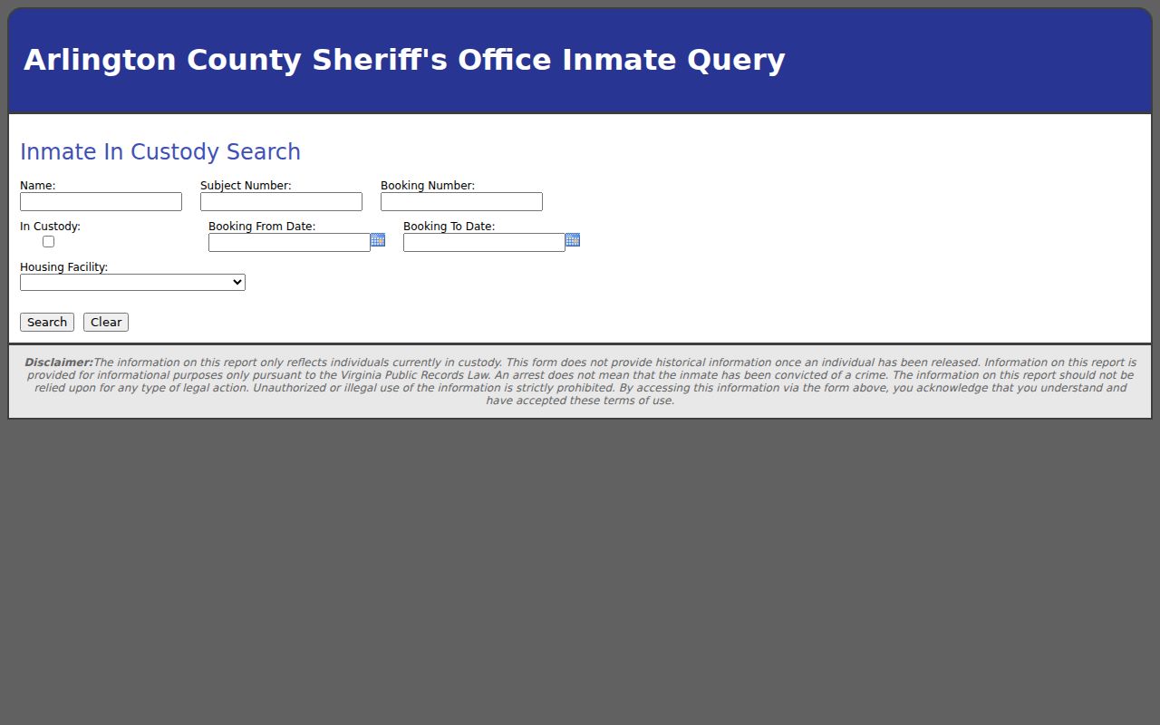 Arlington County active warrant status compared with the Sheriff in-custody search fields