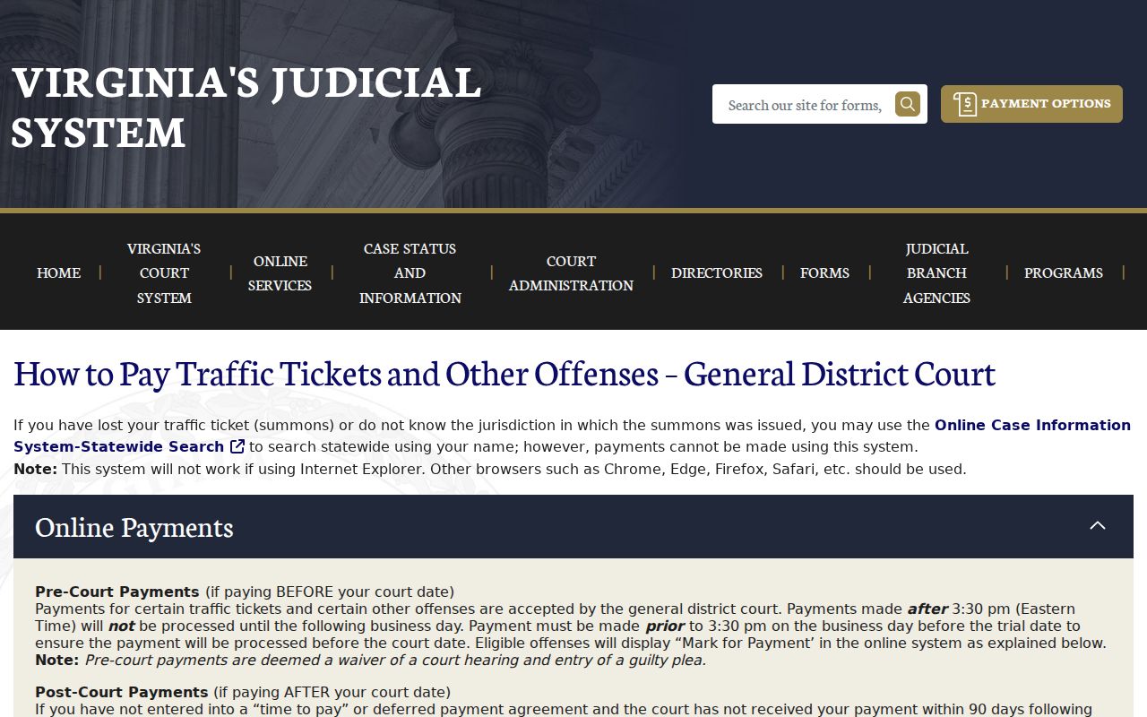 Arlington County traffic warrant case and ticket payment workflow from Virginia Courts