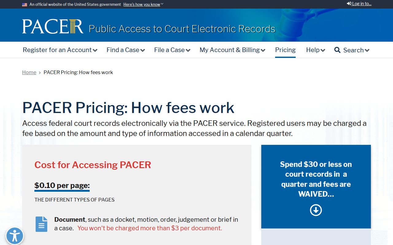 Arlington County arrest warrant federal docket access and PACER fee information