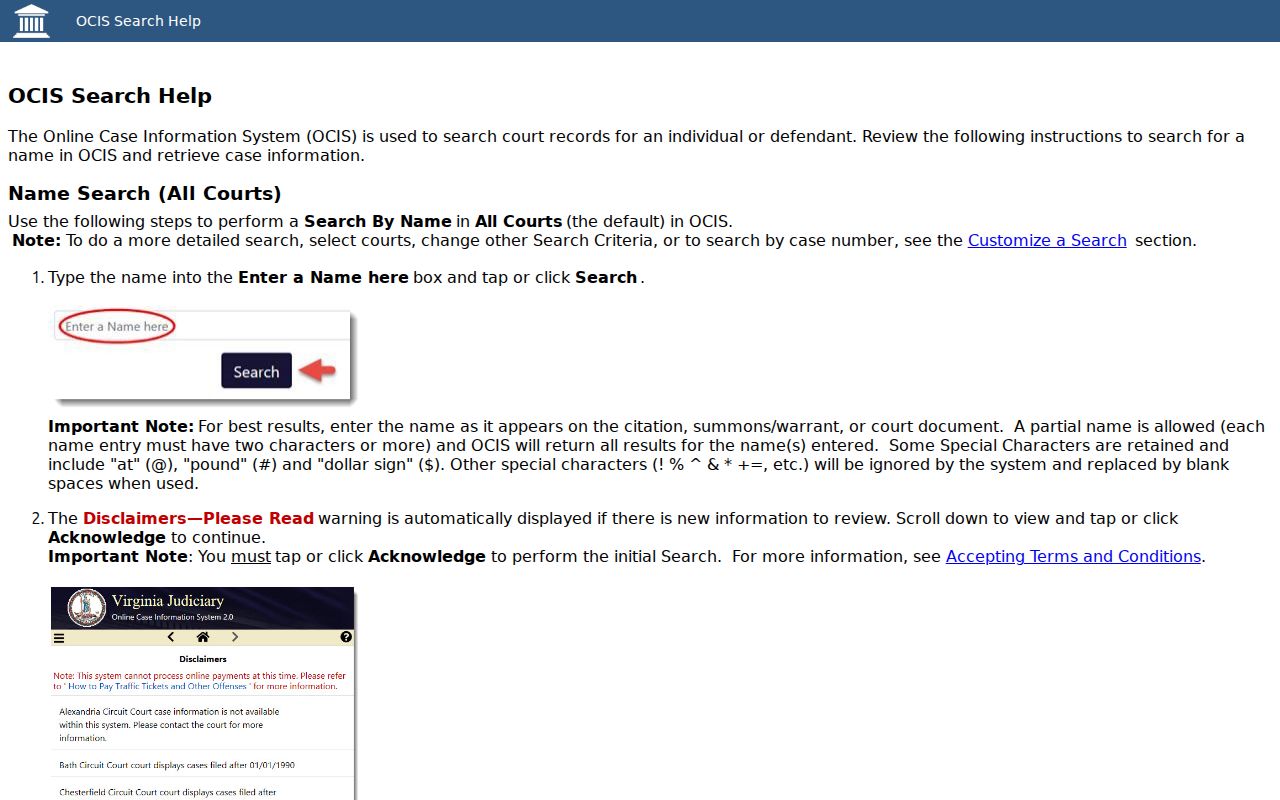 Arlington County warrant search partial name guidance in Virginia OCIS