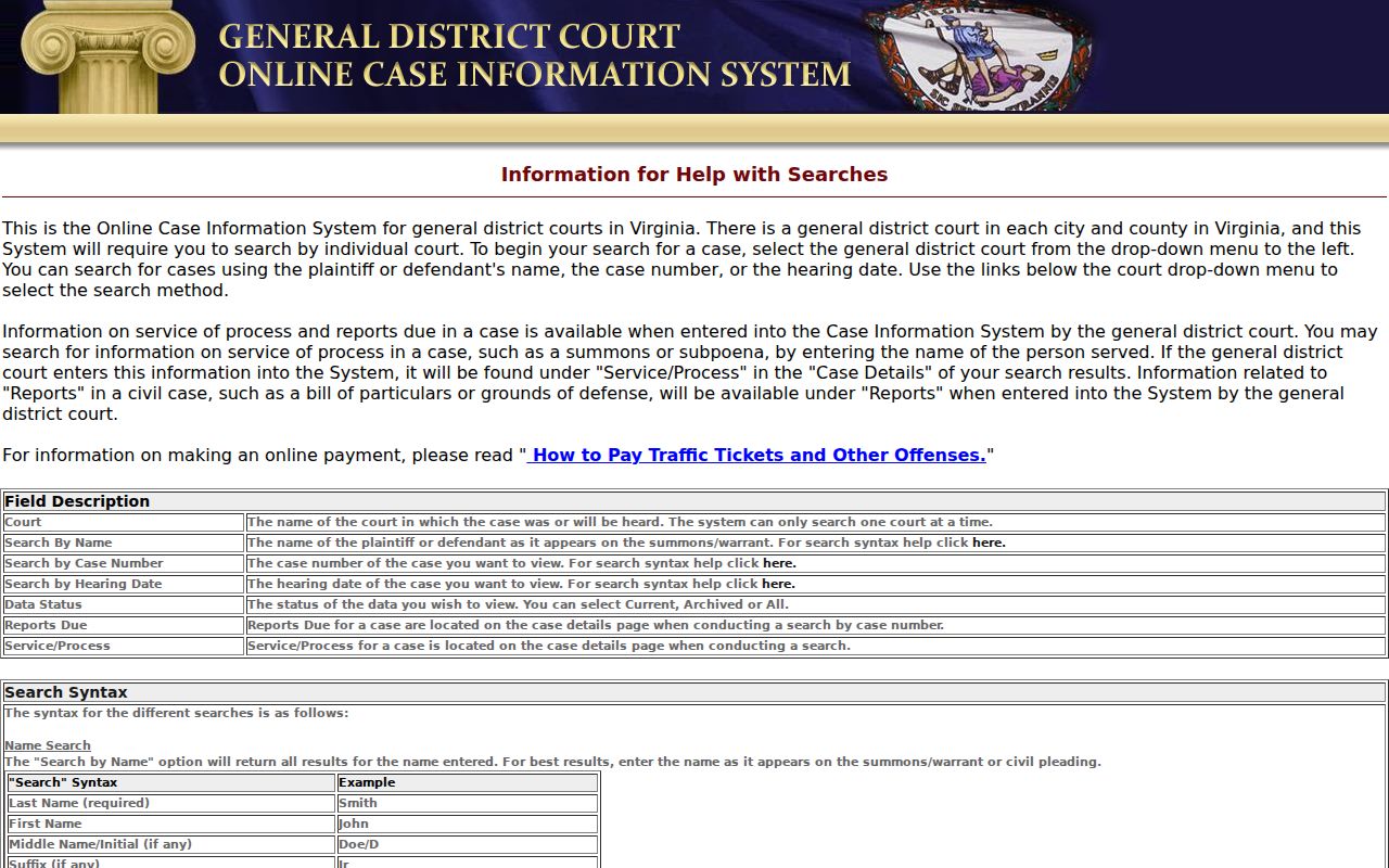 Arlington County warrant search field guide for the Virginia court system